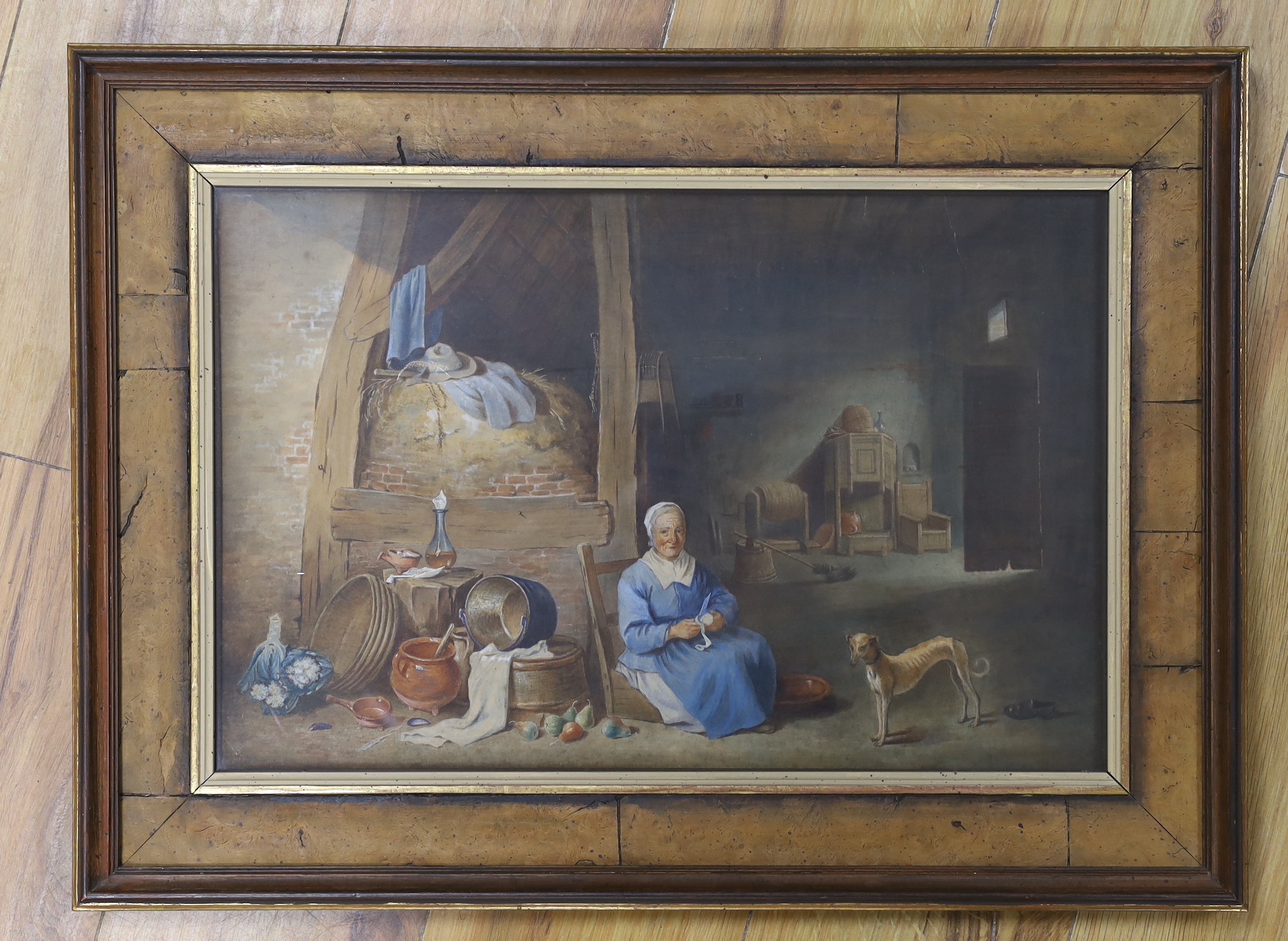 19th century Flemish School, watercolour, 17th century cottage interior with woman peeling an onion, 29 x 45cm